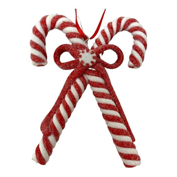 Peppermint Candy Cane Ornament 4" Crisscross Glitter Holiday Candyland Decor Red - Picture 1 of 7